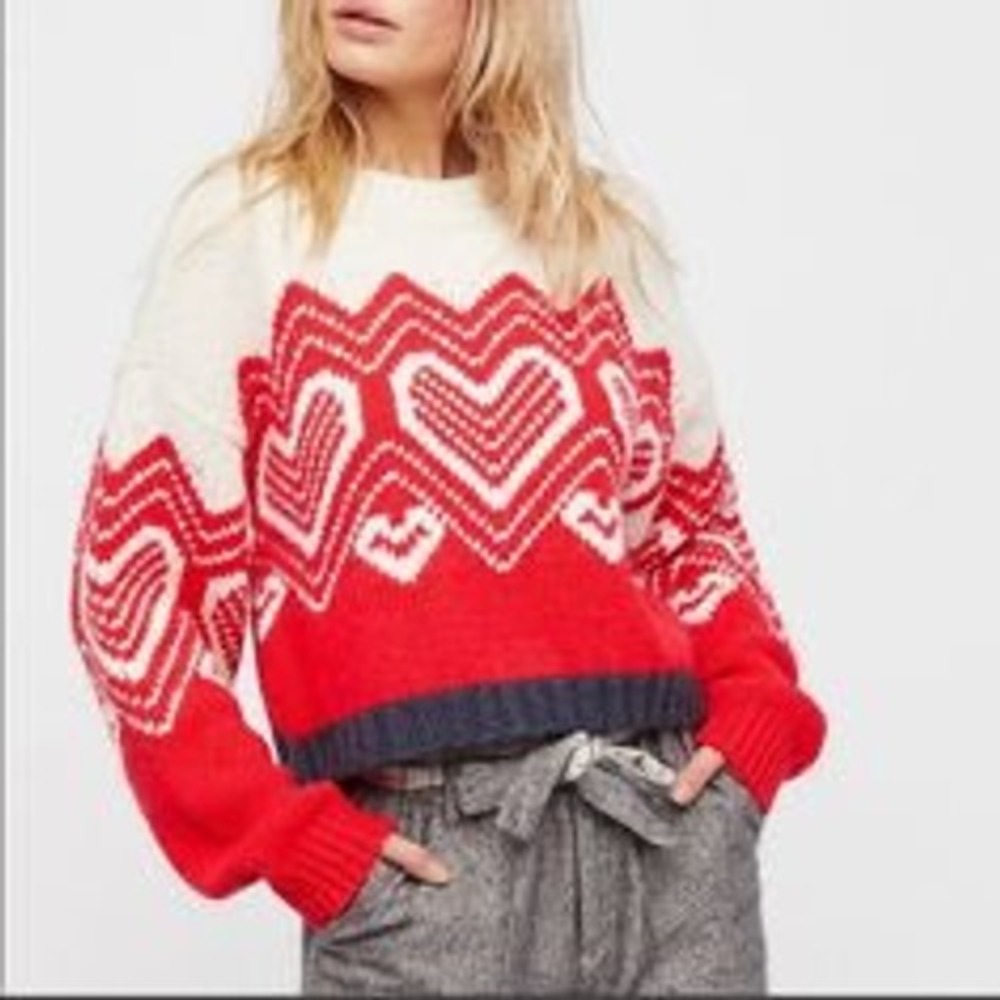 Free People Womens Sweater M Red Fair Isle Cropped I Heart You Wool Chunky